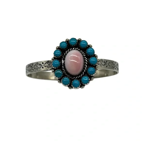 925 Sterling Silver Pink Conch & Kingman Turquoise Cuff Bracelet